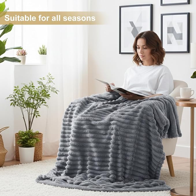 decorUhome Grey Fleece Throw Blanket 50x60 Inches | Soft Couch Cozy Fluffy Plush Flannel Striped Blanket for Sofa Bed, Lightweight Decorative Ribbed Fuzzy Blanket for Woman