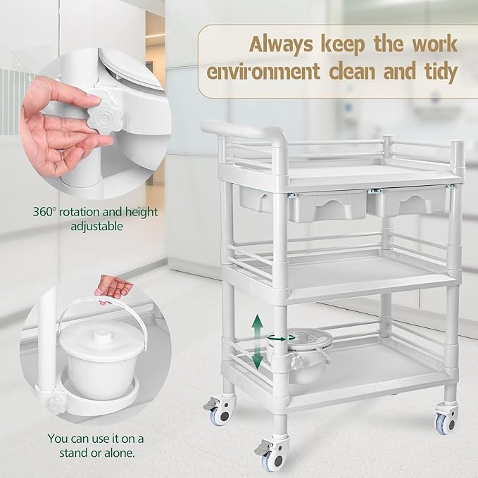 Beauty Trolley Cart with Wheels, Esthetician Cart with Handrail, Bucket and 2 Big Drawer, 3 Tier Heavy Duty Vacuum Therapy Machine Trolley, Load 330lbs, 360° Rotate Silent Wheels