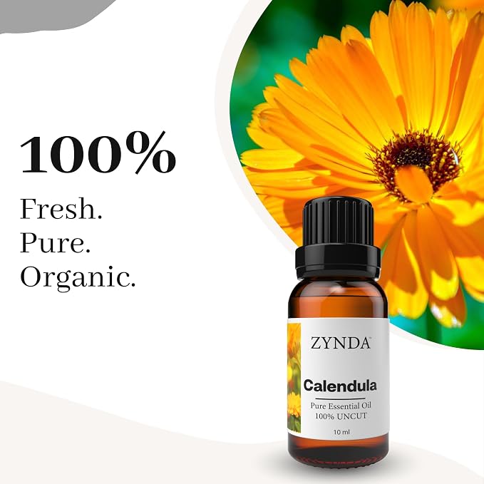 Premium Calendula Oil Pure and Natural – 100% Organic Calendula Essential Oil Extract for Skin, Hair Care, Massage, and Self-Care, Calming Herbal Blend in 10ml Amber Glass Bottle