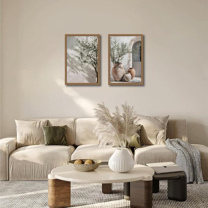 Mediterranean Wall Art Set of 2, Olive Tree & Pottery Framed Prints | Neutral Botanical Mediterranean Painting, Framed Picture Wall Decor for Living Room Bedroom Office 16x24 Inch