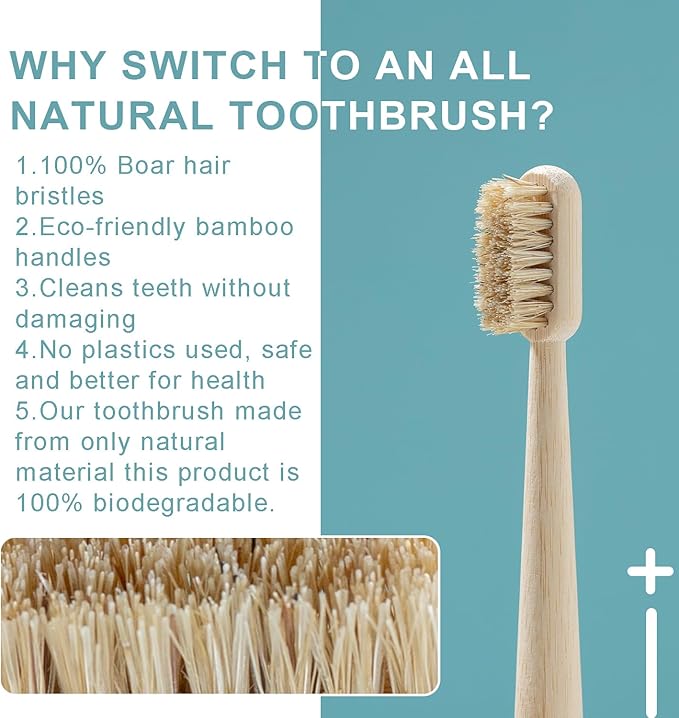 BlueForest Era 4 Pack Boar Bristles & Bamboo Toothbrush, Premium Natural Boar Bristle Toothbrushes for Adult, Plastic & Nylon Free, Fully Biodegradable Compostable Bamboo Tooth Brushes