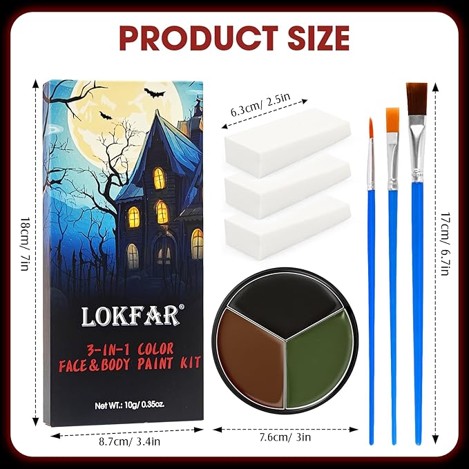 Black Brown Green Face & Body Paint - Blendable Facepaint Foundation with Sponge & Brush for Skin, Professional Halloween Face Make-up Kit for Camo Hunting Army Military Deer Camouflage Dirt Costume