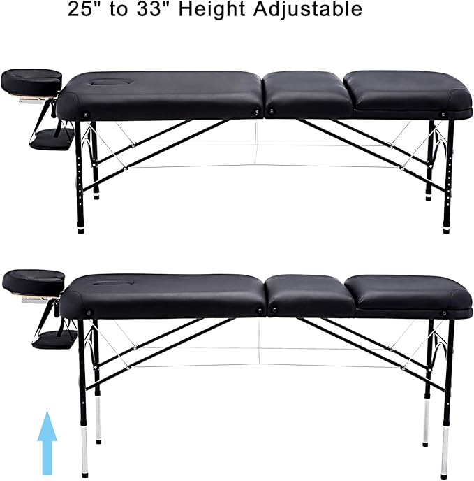 Artechworks 28" Width 3 Folding Portable Lightweight Massage Table Facial Salon Spa Tattoo Bed with Aluminium Leg for Home Office Living Room, Black
