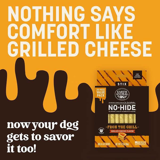 Earth Animal No Hide Stix - Rawhide Free Dog Chews 20 Count Grilled Cheese | Small Sticks Grilled Cheese Flavored Natural Rawhide Free Long Lasting Dog Chews - Treats for Small Dogs and Cats