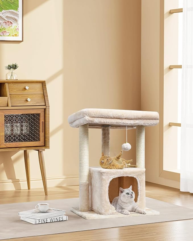 SYANDLVY 27" Cat Tree for Indoor Cats, Activity Tower with Scratching Posts | Modern Kitten Condo with Plush Perch & Hanging Ball for Play, Beige
