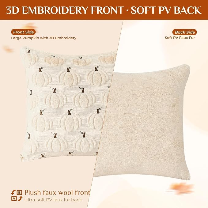 Fall Beige Pillow Covers 20x20 Set of 2 Double-Sided Pumpkin Decor | Beige plush comfort with raised pumpkin embroidery, designed for living rooms, bedrooms, and cozy fall home decorations.