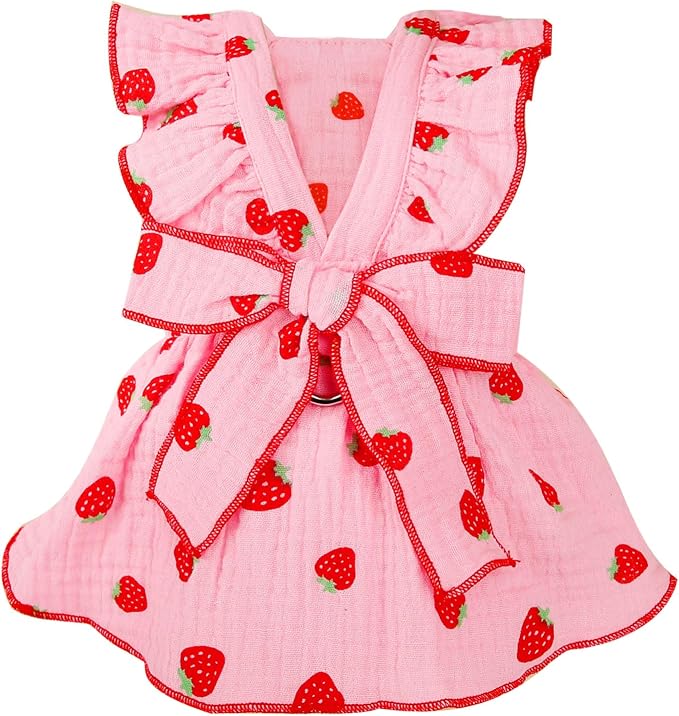 Dog Dresses for Small Dogs Girl Female Clothes Cat Clothes Cat Dress Cute Cotton Extra Summer Bow Decor Printed Strawberry Dog Birthday Outfit Small Puppy Clothes