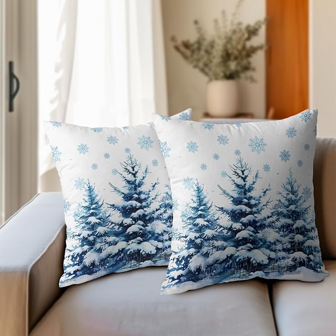 Kawani Winter Blue Trees Pillow Covers 18x18 Inches, Set of 2 Nature Snowy Pine Forest Seasonal Farmhouse Cotton Linen Pillow Cushion Case for Sofa Couch Outdoor Indoor Decorations