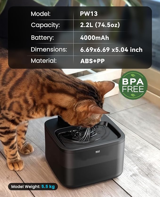 oneisall 2.2L/74oz Wireless Cat Water Fountain | True Cordless,Ultra Quiet SilentFlow™ Pump,3 Flow Modes,Easy to Clean(3-Piece Design),4000mAh Rechargeable,5-Layer Filter