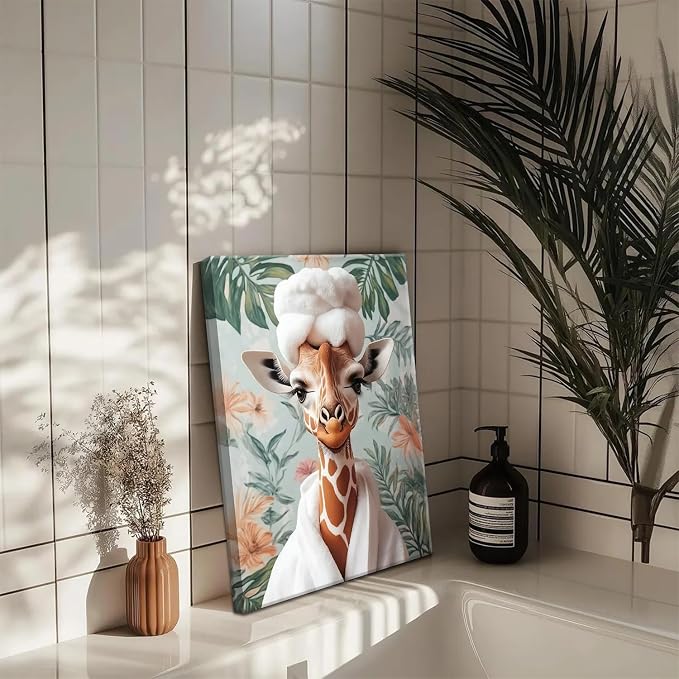 Funny Animal Bathroom Wall Art Set of 3, Cute Giraffe in Toilet Reading Newspaper Wall Decor Paintings Eclectic Giraffe Bathroom Canvas Prints Artwork 12x16 inch Framed