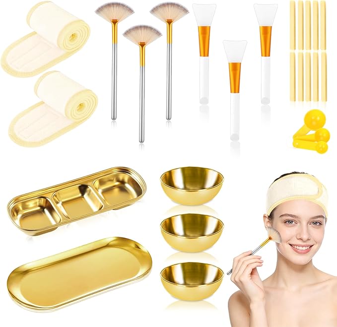 28 Gold Facial Supplies 3 Facial Mask Mixing Bowls 3 Facial Fan Brushes 3 Mask Applicator Brushes 3 Mask Measuring Spoons Skincare Tray 3-Compartment Serving Tray 12 Facial Sponges 2 Spa Headbands