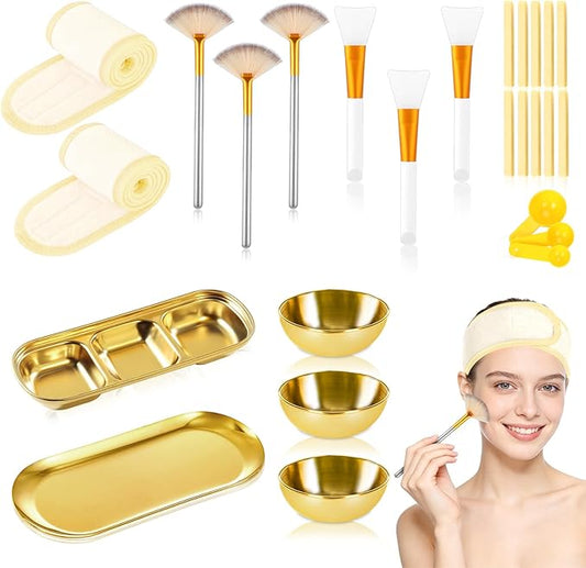 28 Gold Facial Supplies 3 Facial Mask Mixing Bowls 3 Facial Fan Brushes 3 Mask Applicator Brushes 3 Mask Measuring Spoons Skincare Tray 3-Compartment Serving Tray 12 Facial Sponges 2 Spa Headbands