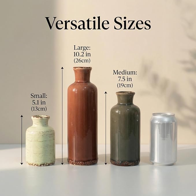 Ceramic Vintage Vase Set of 3, Orange Brown Green Crackle Glaze, Chinoiserie Floral Decor for Farmhouse Shelf, Table Centerpiece, Mantel, Living Room & Office