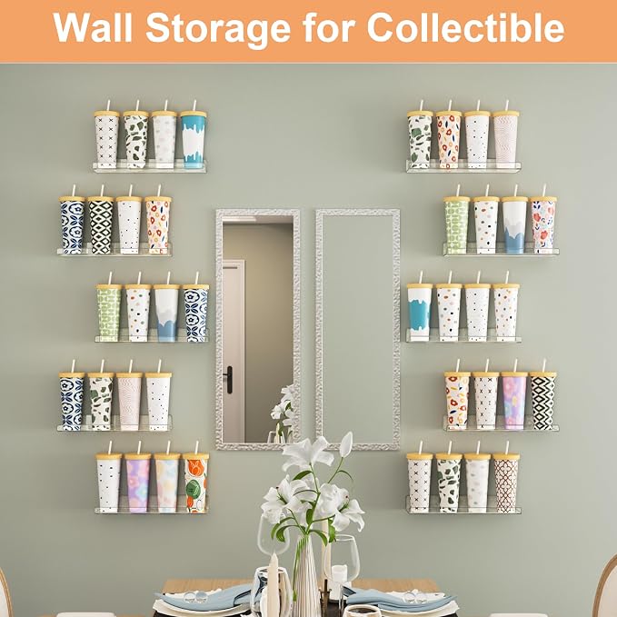 upsimples 10 Pcs 15" Acrylic Shelves for Wall Display and Storage, Clear | Transparent Design Highlights Skincare, Perfume, Easy-to-Find Versatile Floating Shelves for Bathroom, Bedroom and Playroom