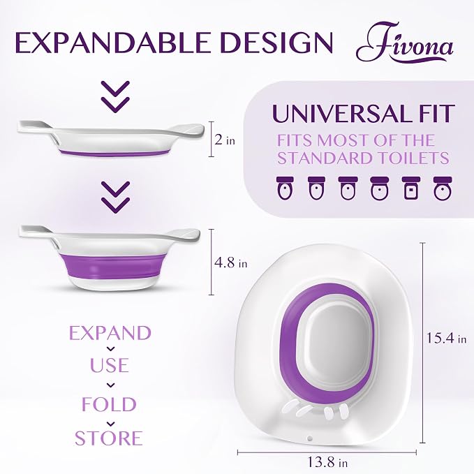 Fivona Sitz Bath for Toilet Seat Postpartum and Hemorrhoids Care - Yoni Steam Seat - Foldable Basin for Epsom Salt Soak - Portable Bidet BPA Free Temperature Resistant - Universal Fit - Purple
