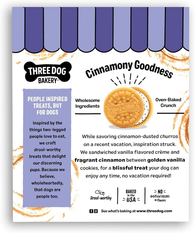Three Dog Bakery Lick'n Crunch! Dog Treats - 13 oz | Churro Sandwich Cookies - Crunchy Treats with Vanilla & Cinnamon Creme