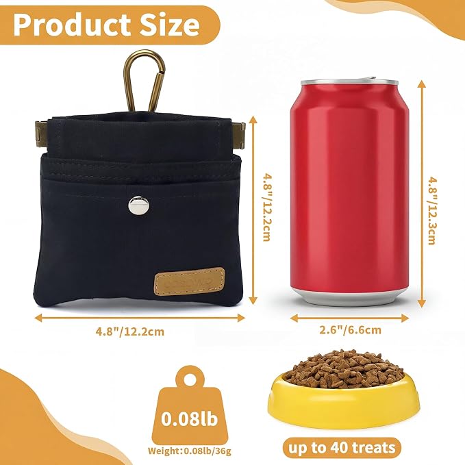 Dog Treat Pouch for Pet Training, Carabiner & Magnetic Buckle, Black