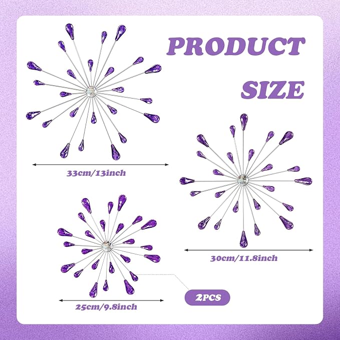 ZEXUIRU 4 Set Silver Starburst Wall Art for Home Decor Metal Bling Crystal Rhinestones Sunburst Wall Decor Sparkling Rhinestone Art Accent -Purple 13in/11.8in/9.8in/9.8in