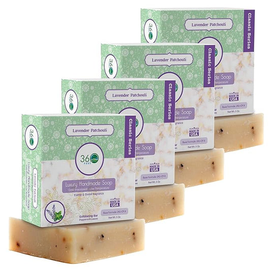 360Feel Lavender Patchouli Soap - Handcrafted Castile Soap Bar with Soothing Scent - Handmade with Essential Oils - Suitable Gift for Anniversaries, Weddings and Holiday Stockings - 4-Pack