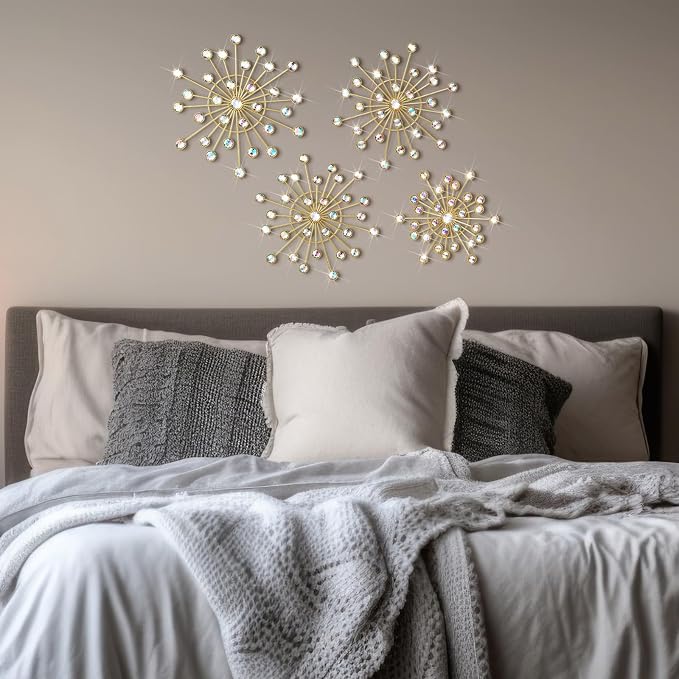 Blulu 4 Pcs Metal Wall Decor Bling Crystal Wall Art Cast Iron Rhinestones Sunburst Decor Starburst Art Hanging Diamond Accents Home Decorative for Living Room Bedroom Entryway(Colorful)
