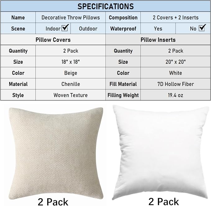 18" x 18" Decorative Throw Pillow with Inserts, Set of 2 Soft Modern Farmhouse Weave Pattern Throw Pillows, Square Boho Pillow for Couch, Bed, Sofa Decor (Beige, 18" x 18"(Pack of 2))