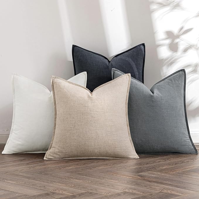 MIULEE Neutral Cream/Gray Boho Linen Pillow Covers 18x18 Inch Pack of 4 | Natural Decorative Throw Pillow Covers, Soft Farmhouse Couch Pillowcases, Modern Home Decors for Living Room Bed Sofa