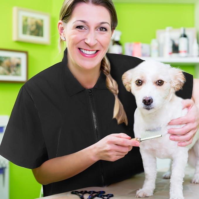 MCEAST 2 Pack Pet Grooming Work Clothes Black Pet Groomer Uniforms with Full Zipper Water Resistant and Anti-Static Pet Smock Clothes Pet Shop Smock Jacket for Women Men Pet Groomer Barber, Medium