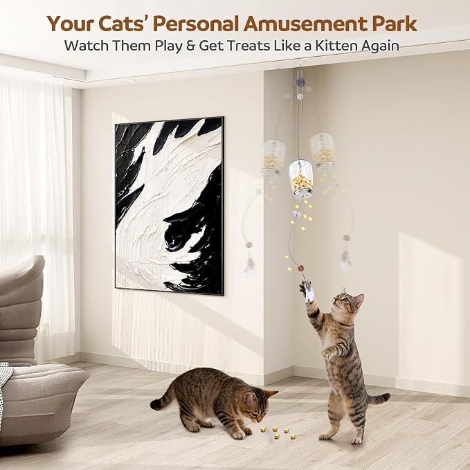 2-in-1 Hanging Cat Toy for Indoor Cats, Interactive Door Hanging Teaser & Treat Dispenser, Self Play Kitten Toy with Feather, Springs & Rope, Boredom Relief for Home Alone Cats