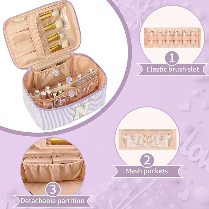 OCHEAL Makeup Bag Valentines Day Gifts for Women, Monogram Cosmetic Bag Purple Travel Makeup Case Beauty Toiletry Bag Organizer Personalized Gifts for Girls Bridesmaid, Sister, Wife, Friends Initial N