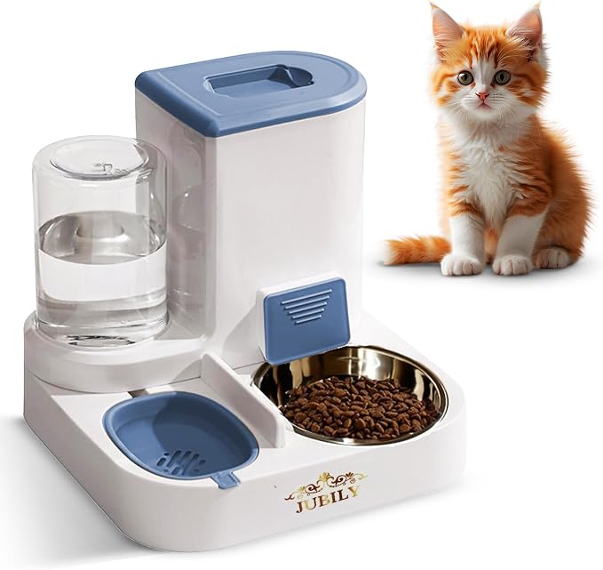 Automatic Cat Feeder & Water Dispenser – Gravity Cat Feeding Station with Stainless Steel Bowl, 2.2L Food & 1L Water Capacity, Automatic Pet Feeder for Cats & Small Dogs (Blue)