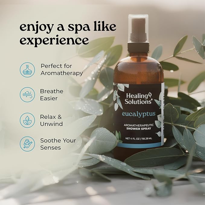 Healing Solutions Aromatherapy Shower Spray, Eucalyptus, 4oz, Therapeutic Grade Essential Oils, Made in the USA, At Home Spa Experience