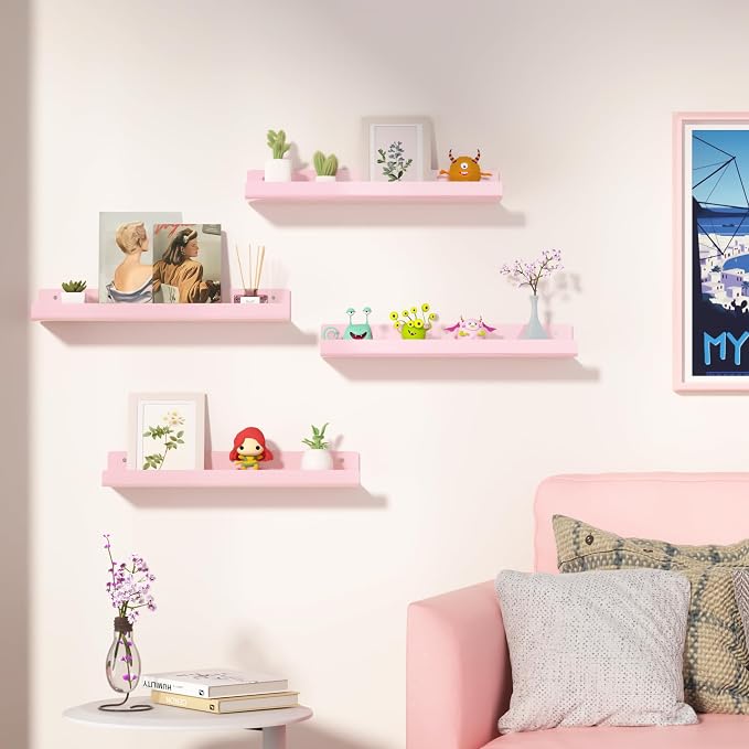 upsimples 4 Pcs 15" Acrylic Shelves for Wall Decor and Display, Pink | Cute Floating Shelf for Perfume, Skincare, Nail Polish, Wall Organizer for Bedroom, Living Room, Playroom, Room Décor