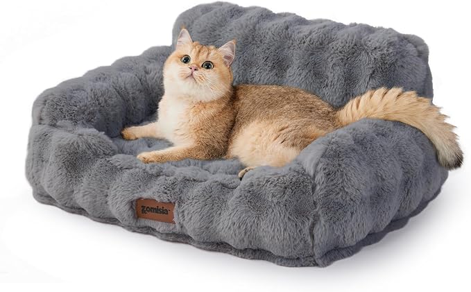 ZOMISIA Orthopedic Cat Couch Bed for Indoor Cats, Removable Washable Cover | 24x18'' Cute Cat Sofa Bed, Neck-Friendly Bolster, Pet Couch Bed with Supportive Egg Foam for Small Dogs Puppy Kitten, Grey