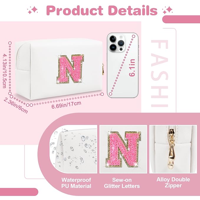 Small Personalized Initial A-Z Patch Makeup Bag,White Cute PU Leather Glitter Letter Cosmetic Bag for Teen Girls,Travel Toiletry Bag with Zipper,Preppy Monogrammed Birthday Gift for Daughter Niece N