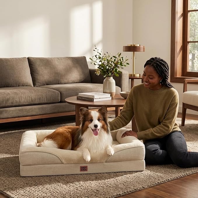 EHEYCIGA Orthopedic Dog Bed for Medium Dog, Memory Foam Dog Couch, Beige | 35x22 Inch Dog Sofa with Sides, Waterproof Liner & Washable Removable Cover, Bolster Pet Couch