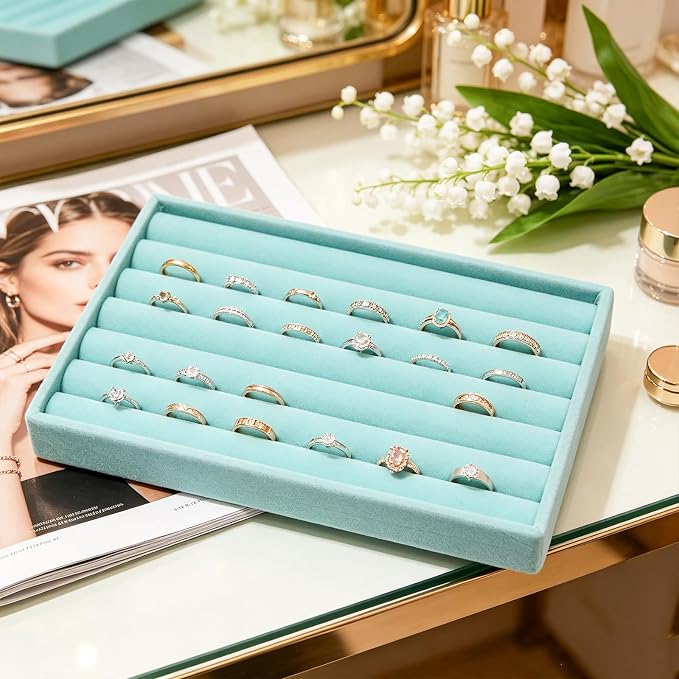 Velvet Jewelry Trays for Drawers, Blue 8 Rolls | Stackable Jewelry Drawer Organizer Inserts, Ring Earring Necklace Bracelet Holder Organizer Storage Display Tray