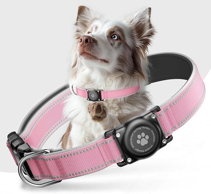 Upgrade Dog Collar with AirTag Holder, IP68 Waterproof, Pastel Pink, L | Built-in Water Resistant AirTag holder, 1000D Nylon, Reflective Stitching for Night Visibility, Soft padding for Comfort