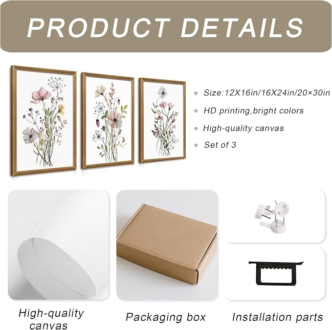 WRFON Framed Botanical Canvas Wall Art Set of 3, Watercolor Floral Prints, Framed Flower Wall Decor for Bedroom Bathroom Living Room, 20x30 Inch Each
