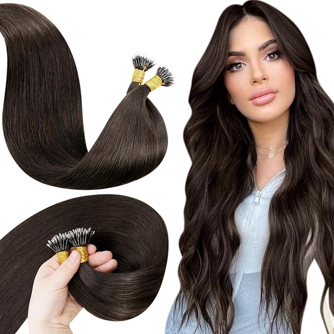 LaaVoo Darkest Brown Nano Bead Hair Extensions Human Hair Brown Nano Ring Hair Extensions Brown 50s 50g 18 Inch