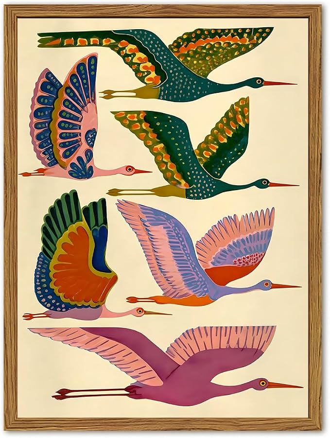 Framed Colorful Bird Wall Art, Vintage Flying Heron Pictures Wall Decor, Mid Century Modern Animal Paintings Canvas Prints Abstract Home Decor Aesthetic Artwork for Living Room Bedroom 12x16 inch
