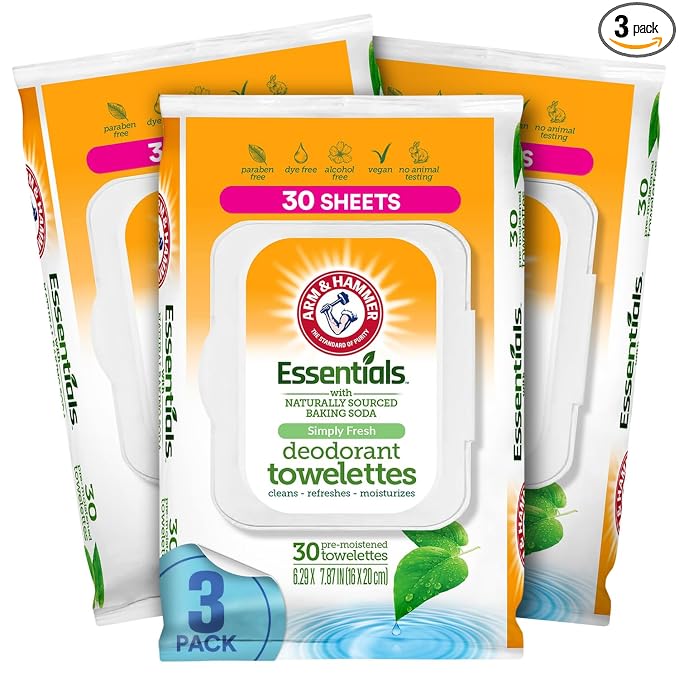 Arm and Hammer 3 Pack Face and Body Wipes for Adults - Deodorant Towelettes 90 Sheets for Women - Shower Wipes for Traveling, Camping, Gym, and Bathing - Alcohol-Free Face Sheets (Simply Fresh)