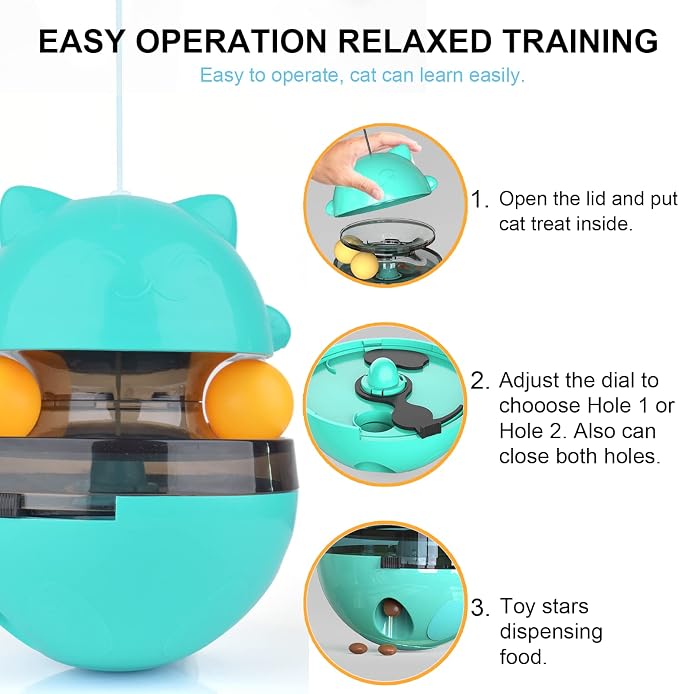 Cat Interactive Toy, Kitty Shape Tumble Food Dispensing Ball, Pet Treat Feeder Leaking Dispenser for Medium Small Dogs Cats (Blue)