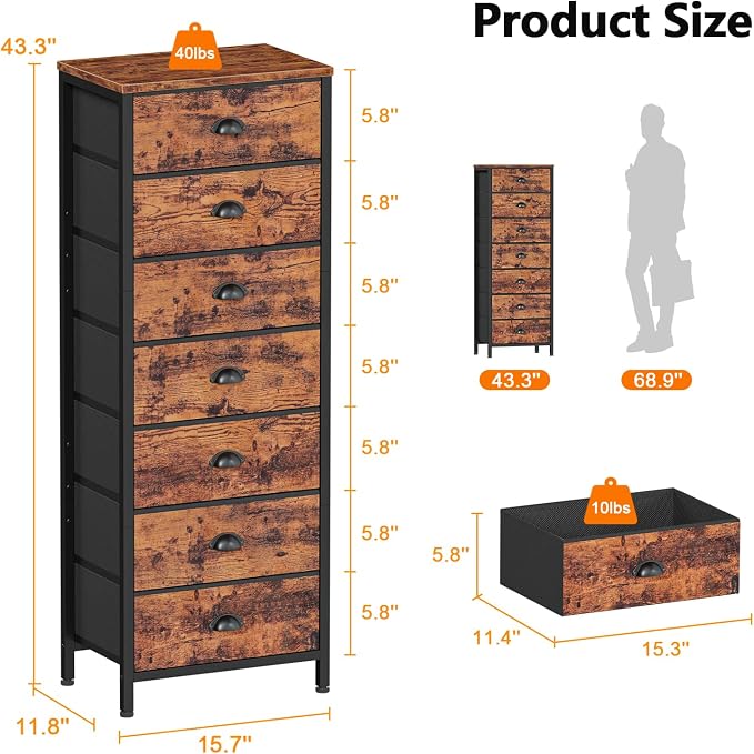 Dresser for Bedroom, 7 Drawers Tall Chest of Drawers | Rustic Brown Storage Organizer, Fabric Bins, Metal Frame, Wood Desktop, Dorm Vertical Closet,Bedside Furniture in Living Room