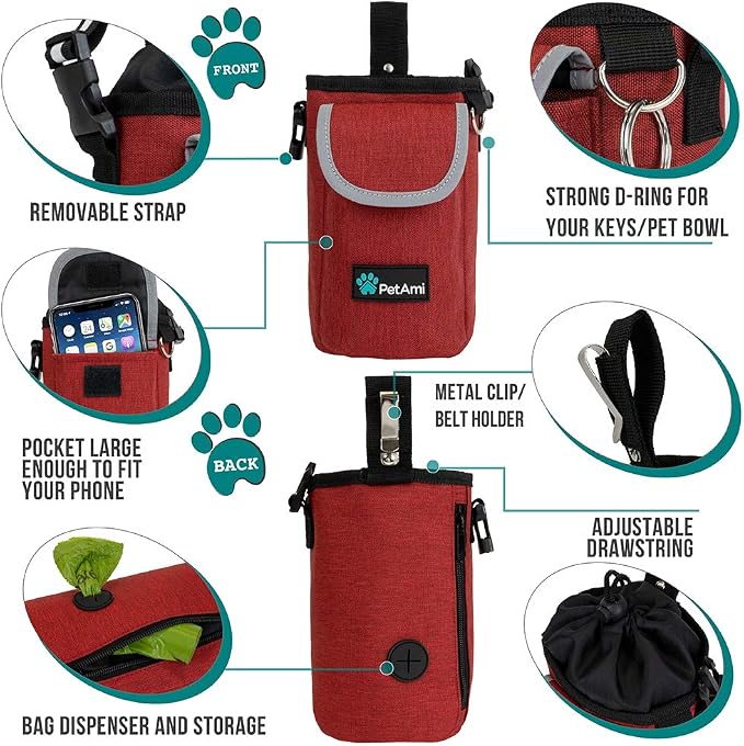 PetAmi Dog Treat Pouch, Large Hands-Free Training Bag, Red