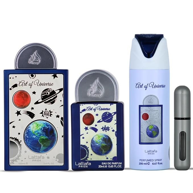 Lattafa Pride Art of Universe – Citrus, Fruity, Sweet, Amber – 3-Piece Gift Set for Unisex (3.4 oz Eau de Parfum Spray + 0.65 oz Eau de Parfum Spray + 6.67 oz Deodorant Spray)