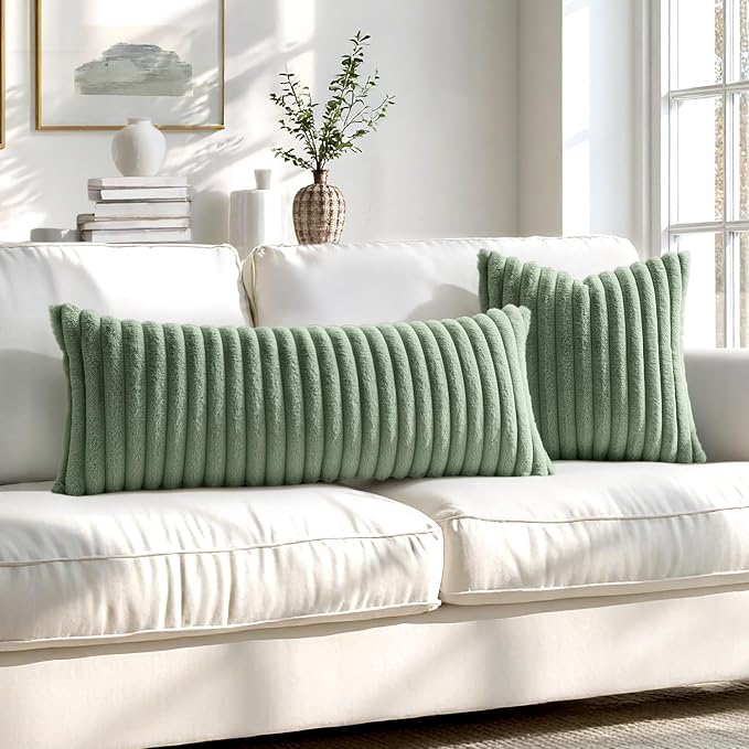 MIULEE Faux Fur Decorative Throw Pillow Covers 20x20 Set of 2 Sage Green | Modern Soft Plush Couch Pillows, Cozy Fluffy Cushion Covers for Sofa Bed Living Room Home Decor