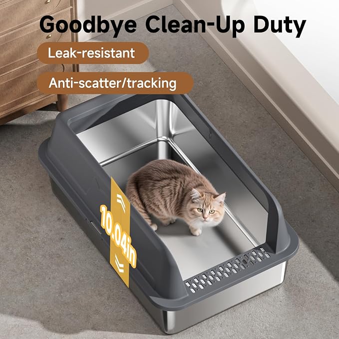 High-Sided Stainless Steel XL Cat Litter Box for Cats | High-Sided Design Prevents Urine Leakage,Non-Stick,Easy to Clean,Includes Scoop,Dark gray