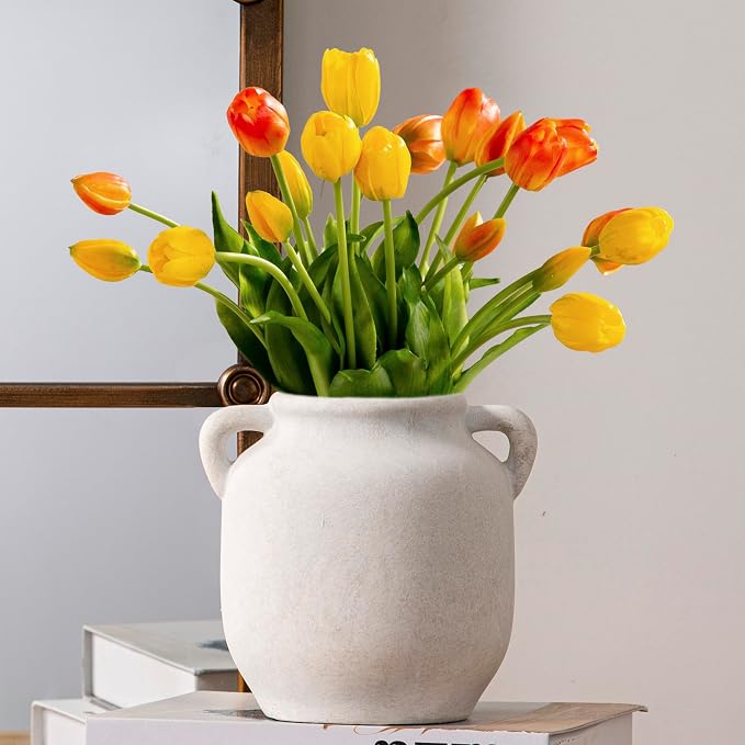 Vanselia Ceramic Flower Vase Home Table Decor Living Room Farmhouse 6 in | Small White Rustic Decorative Flowers Vases Plant Modern Decoration for Kitchen Shelf Coffee Dining Centerpieces Desk