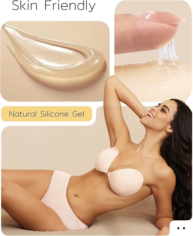 Niidor Adhesive Bra Strapless Sticky Invisible Push up Silicone Bra for Backless Dress with Reusable Nipple Covers