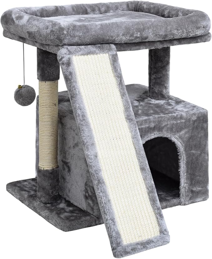 Small Cat Tree for Indoor Cats, Cat Tower with Scratching Post and Board, Cat House with Perch for Kitten, Stable Condo and Stand (Light Grey)